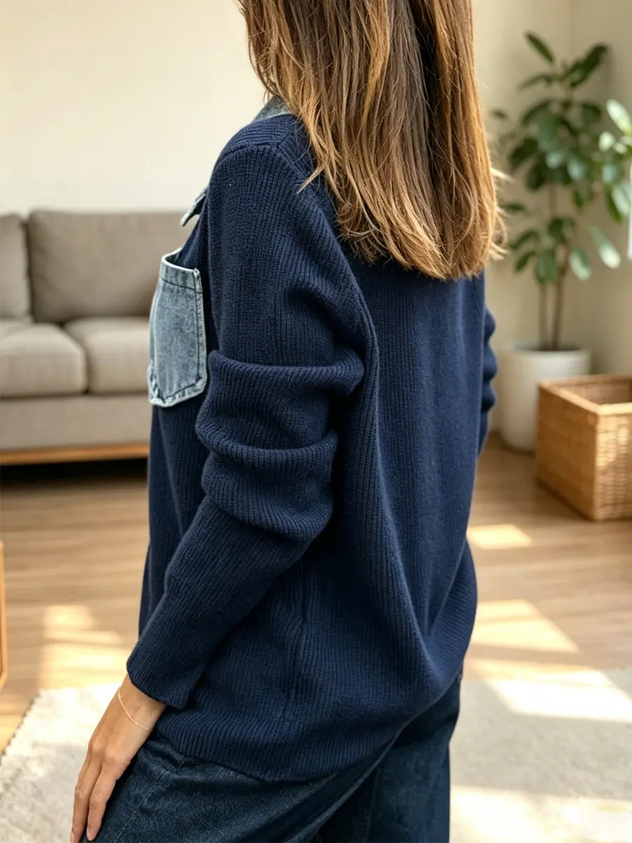 Retro Loose Art Casual Denim Patchwork Stylish Long Sleeve Cardigan Top