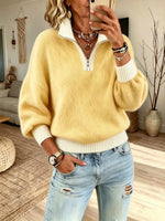 Women Solid Color Block Half Zip Collar Knit Sweater