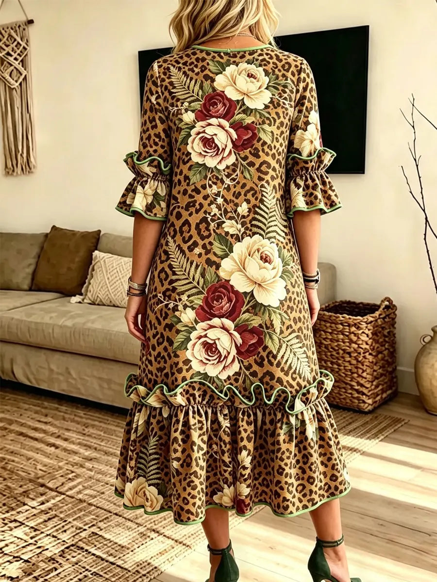 Retro Leopard Floral Pattern Art Print Casual Ruffle Stylish Cotton Linen Dress