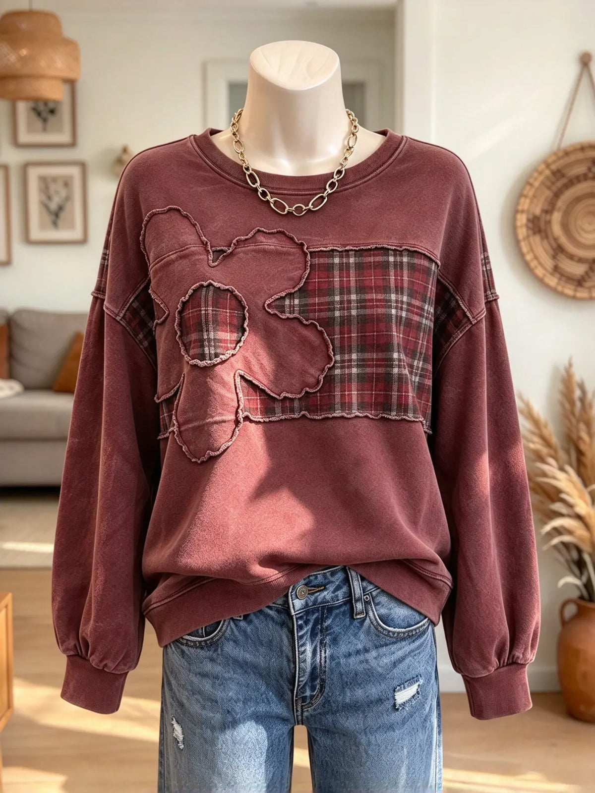 Women's Floral Plaid Patchwork Crewneck Sweatshirt