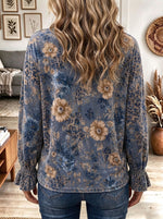 Women's Blue Floral Velvet Quarter-Zip Top with Ruffled Cuffs