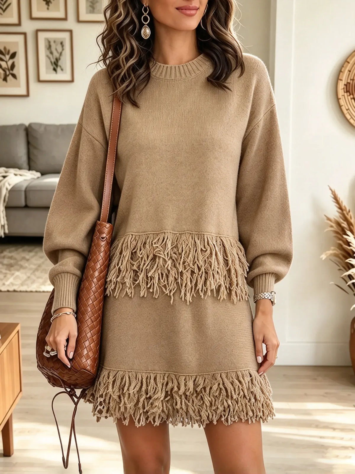 Women's Fringe Trim Mock Neck Sweater Dress