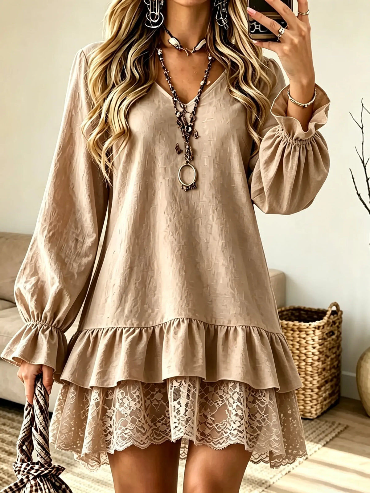 Women's Tiered Ruffle Lace Hem Babydoll Mini Dress