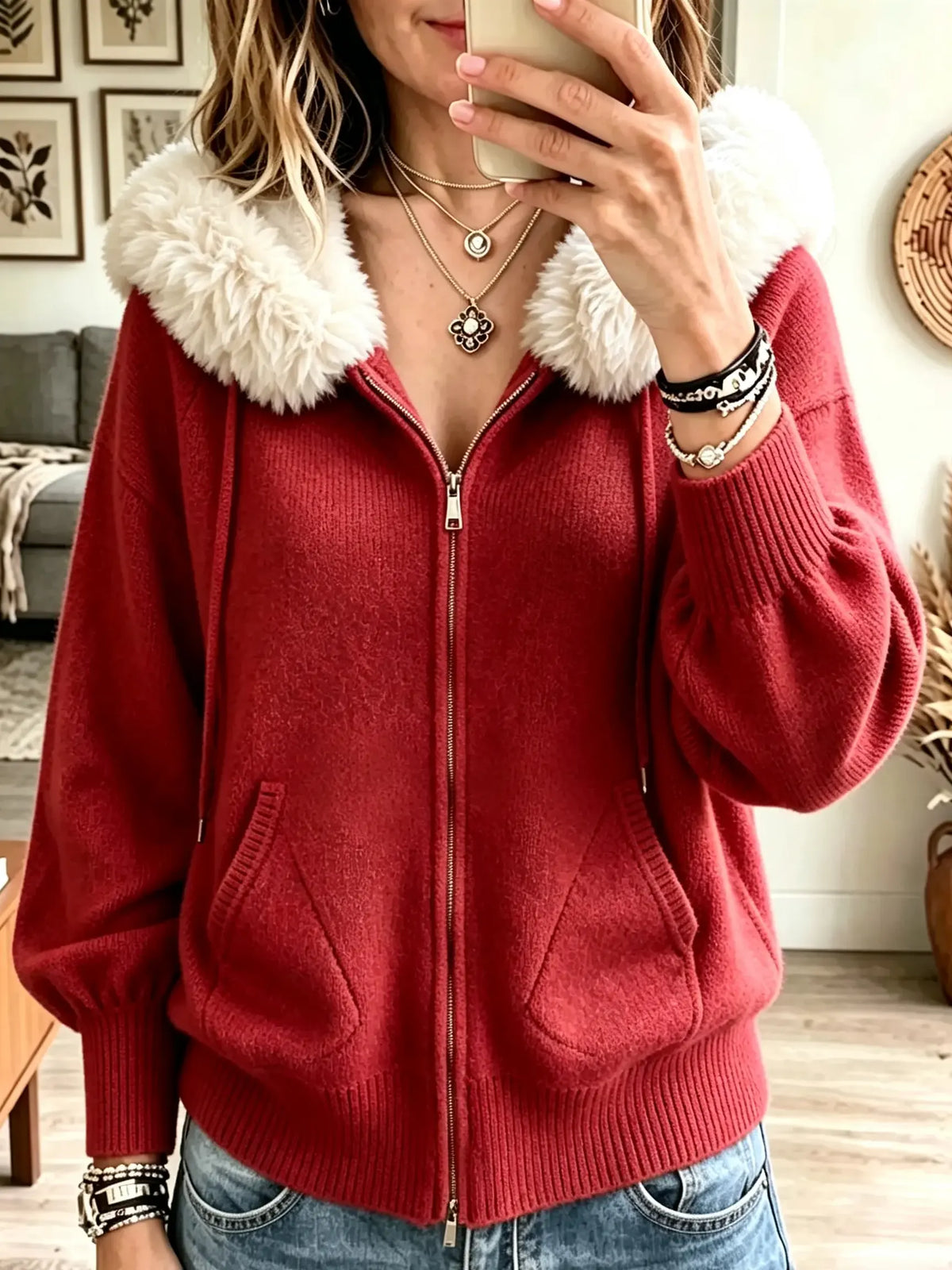 Women's Faux Fur Hooded Full-Zip Knit Cardigan