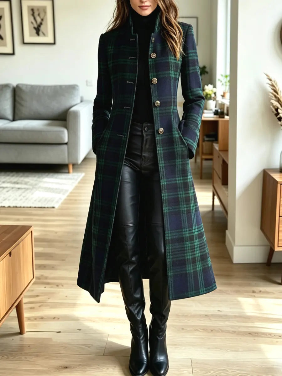 Retro Plaid Pattern Art Button Casual Stylish Long Sleeve Coat