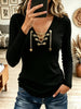 Women's V Neck Gold Chain Lace Up Ribbed Knit Top, Heart Charm Slim Fit Blouse