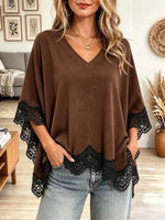 Vintage Elegant Suede Patchwork Lace Shirt