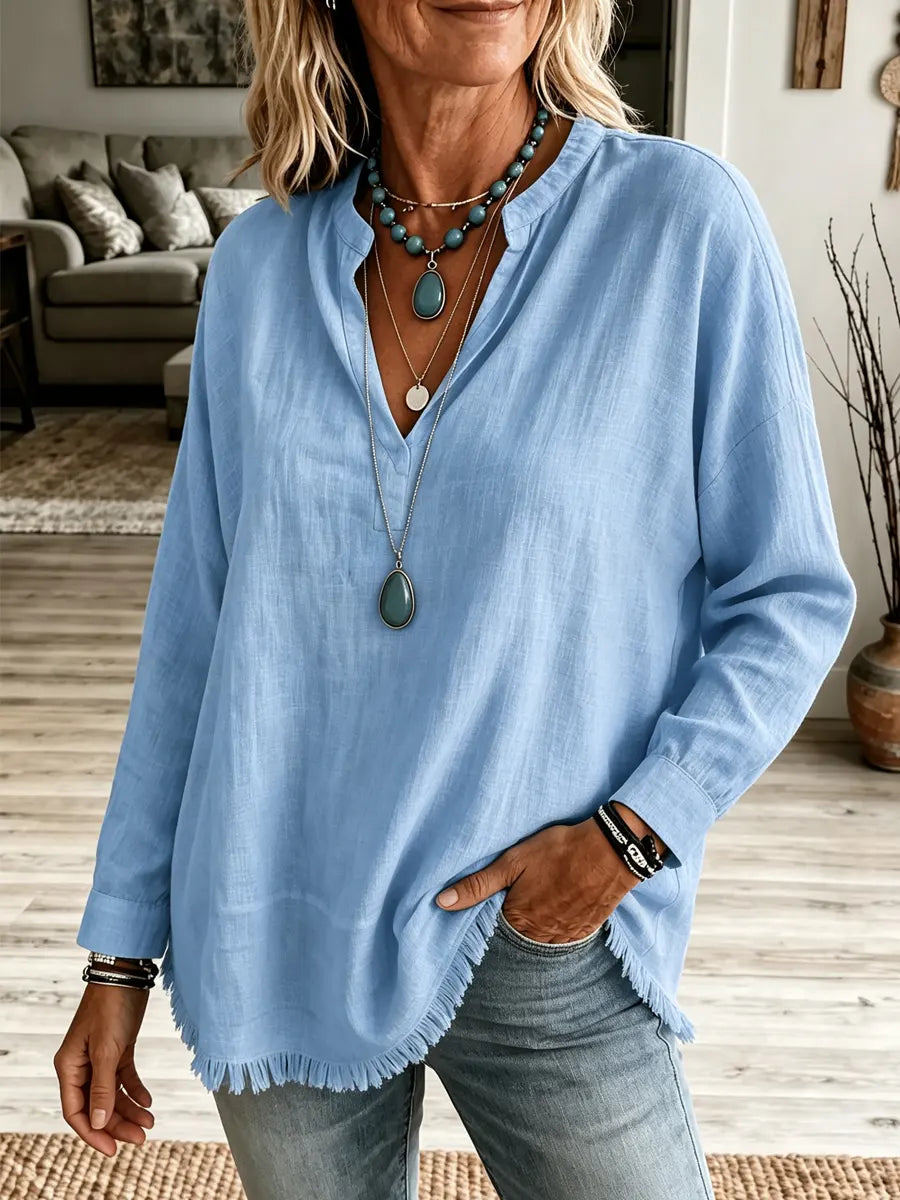 Retro Solid Color Art V Collar Casual Long Sleeve Cotton Linen Shirt