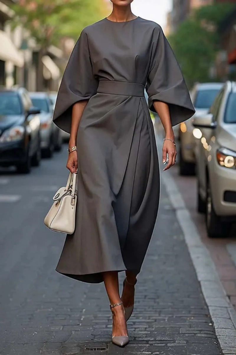 Women Elegant Red Batwing Sleeve Belted Midi Dress