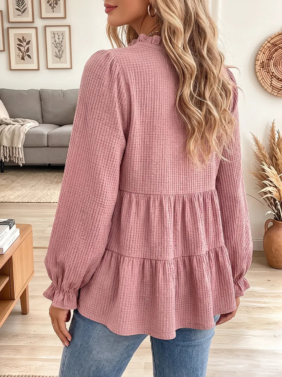 Vintage Elegant Waffle Patchwork Ruffles Shirt