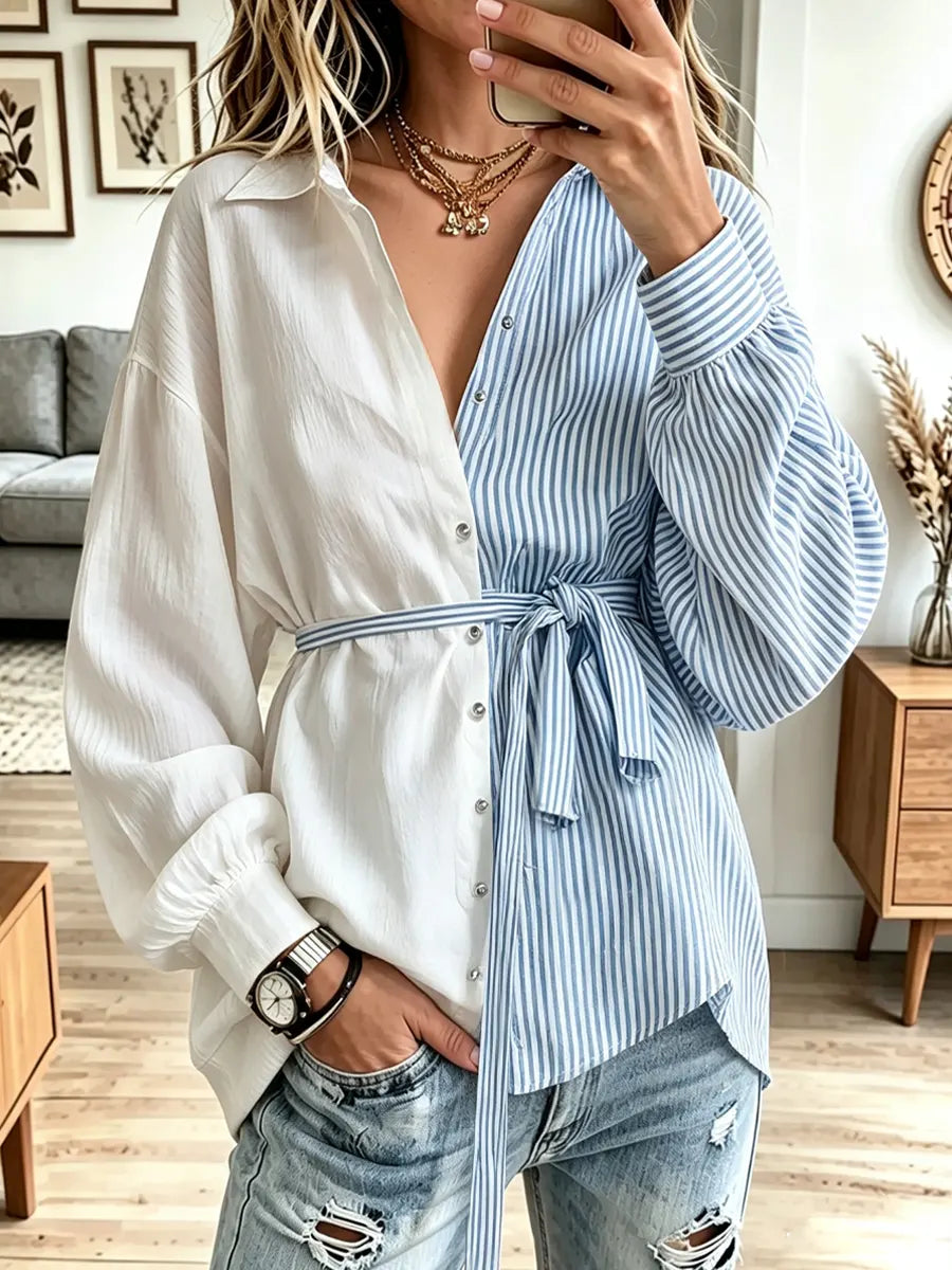Retro Block Stripe Art Casual Stylish Long Sleeve Cotton Long Shirt