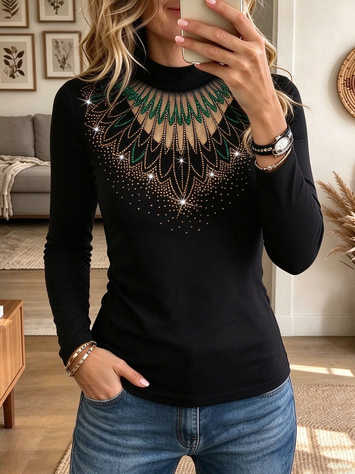 Women's Black High Neck Long Sleeve Top with Sparkly Rhinestone Peacock Pattern