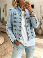 Women Military Double Breasted Cropped Denim Jacket