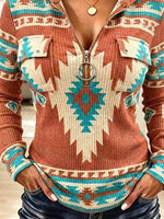Vintage Western Pattern Zip Art Casual Stylish Hooded Long Sleeve Top
