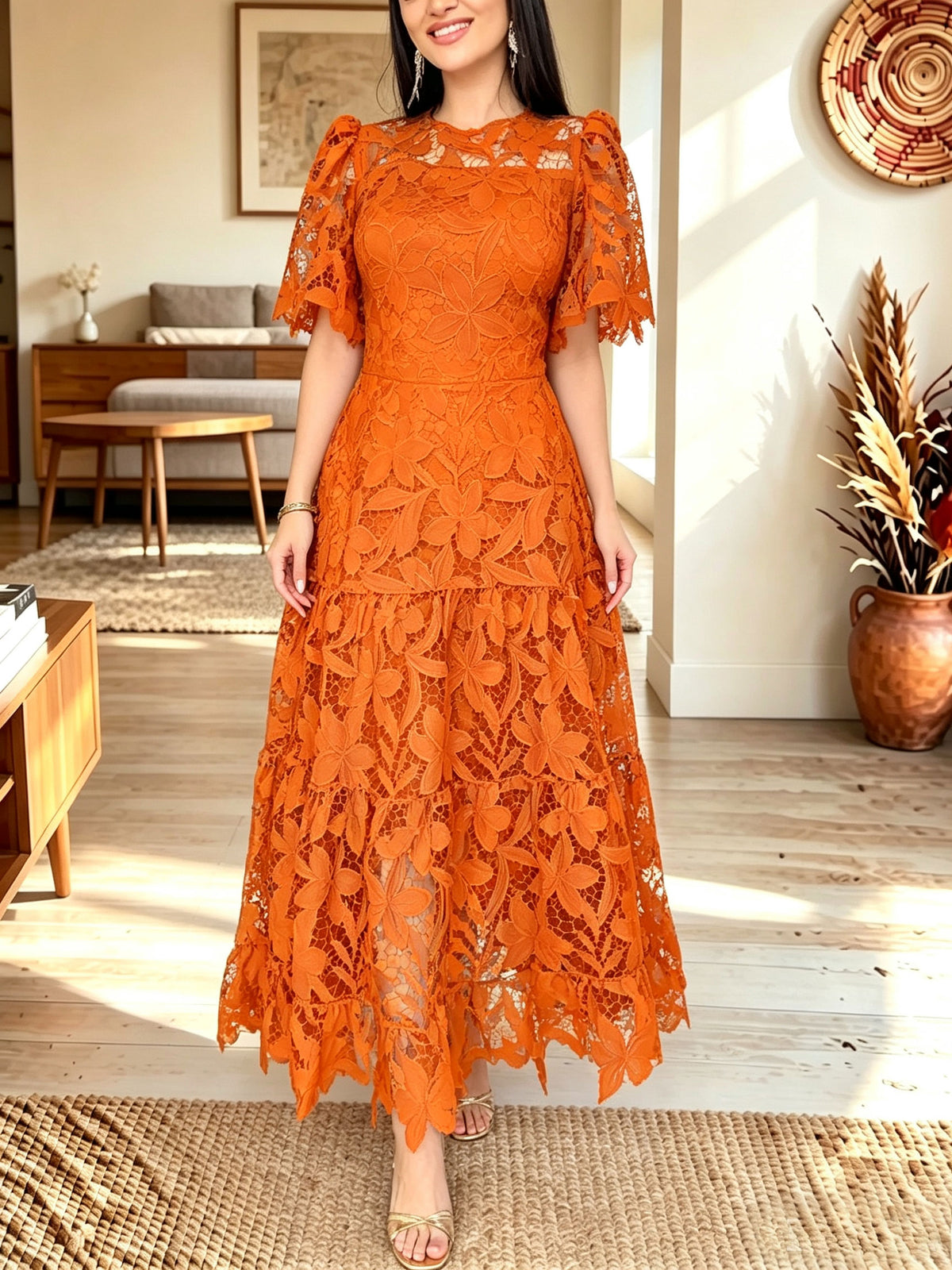 Women Navy Floral Lace Short Sleeve Tiered Maxi Dress