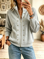Women's Military Button Zip-Front Ribbed Cardigan