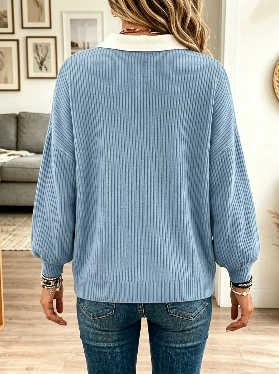 Women's Contrast Polo Collar Ribbed Knit Sweater