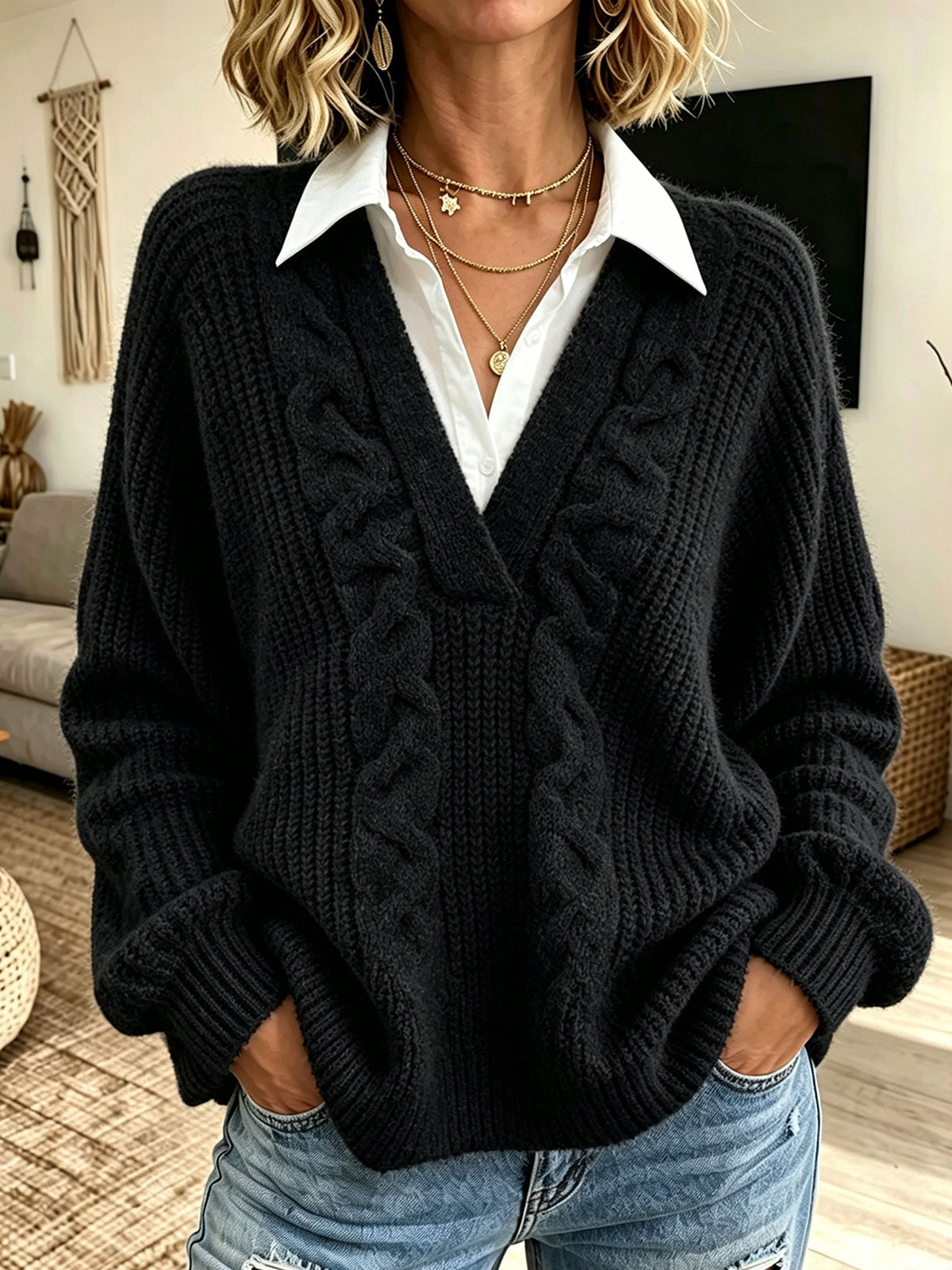 Women Faux Two‑Piece V‑Neck Cable Knit Collared Long Sleeve Sweater