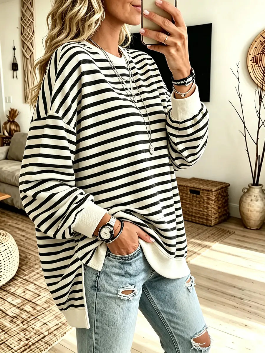 Women's Striped Color-block Loose Fit Crewneck Long-sleeve Sweatshirt
