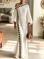 Women's One-Shoulder Striped Open-Knit Maxi Dress