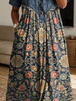 Retro Floral Pattern Art Print Casual Stylish Lapel Denim Patchwork Dress