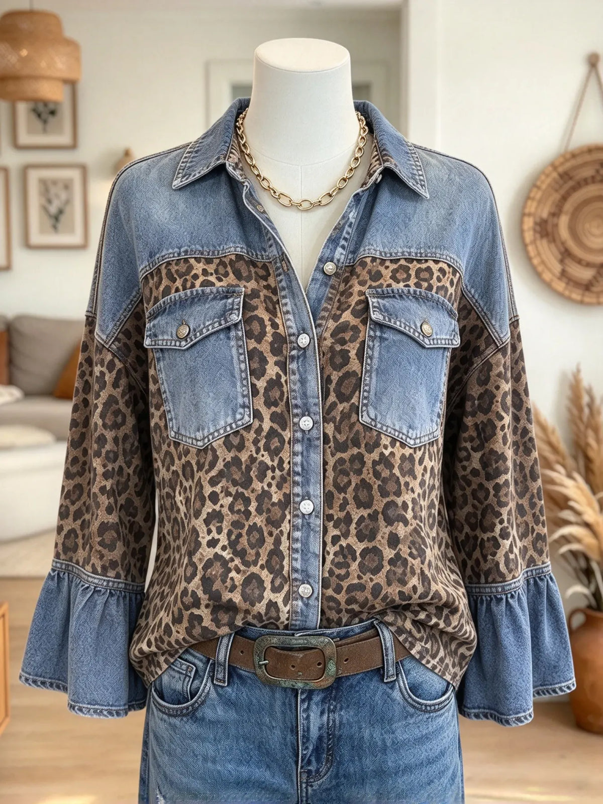 Women's Leopard Denim Patchwork Button-Down Shirt