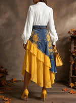 Women Denim Chiffon Patchwork Floral Embroidery Asymmetrical Midi Skirt