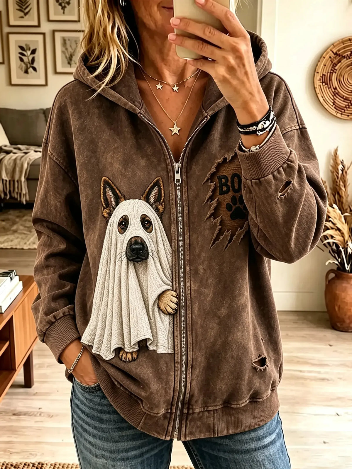 Women's Ghost Dog Distressed Full-Zip Hoodie