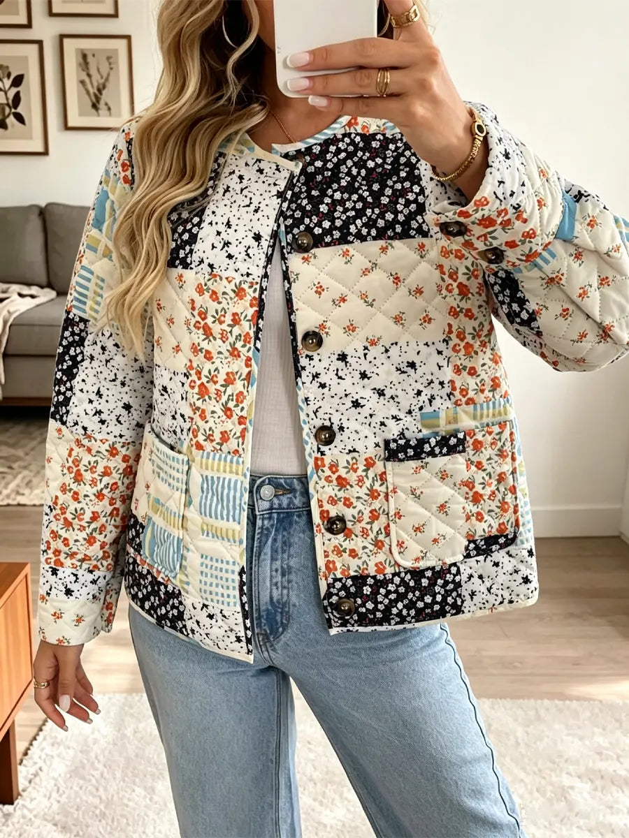 Retro Floral Patchwork Pattern Art Casual Stylish Long Sleeve Quilted Coat
