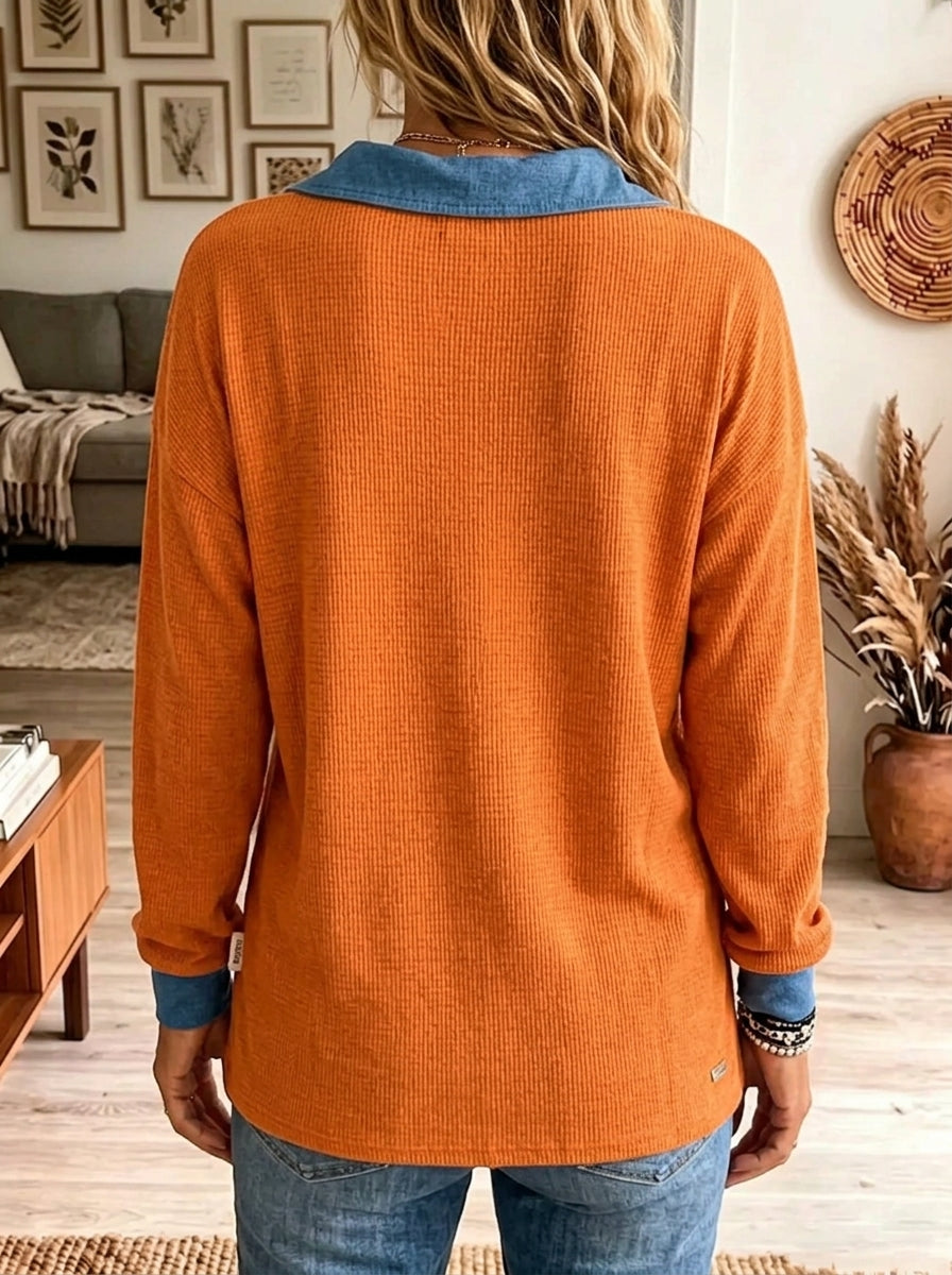 Women's Denim Trim Waffle Knit Henley Top