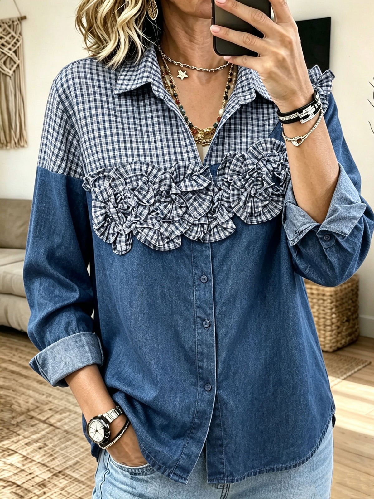 Women Denim Gingham Spliced 3D Ruffle Floral Button‑Down Shirt