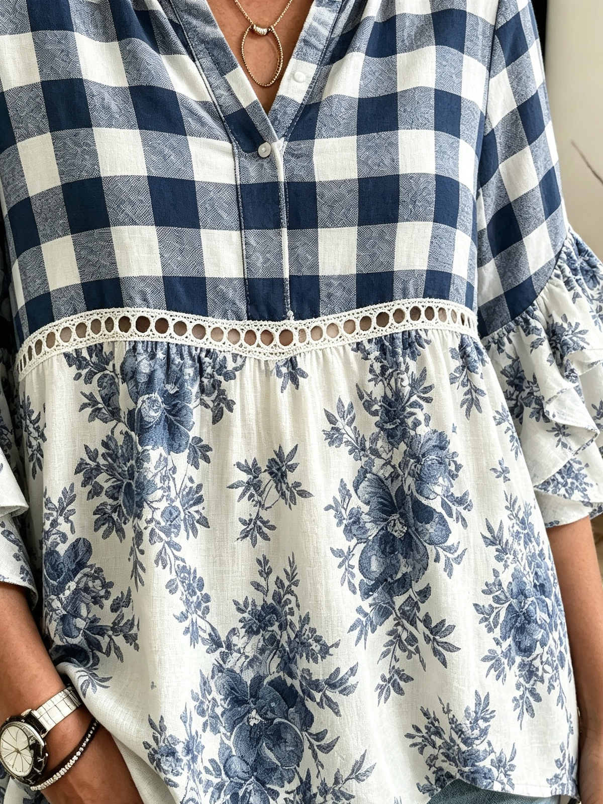Women's Plaid Floral Tiered Blouse