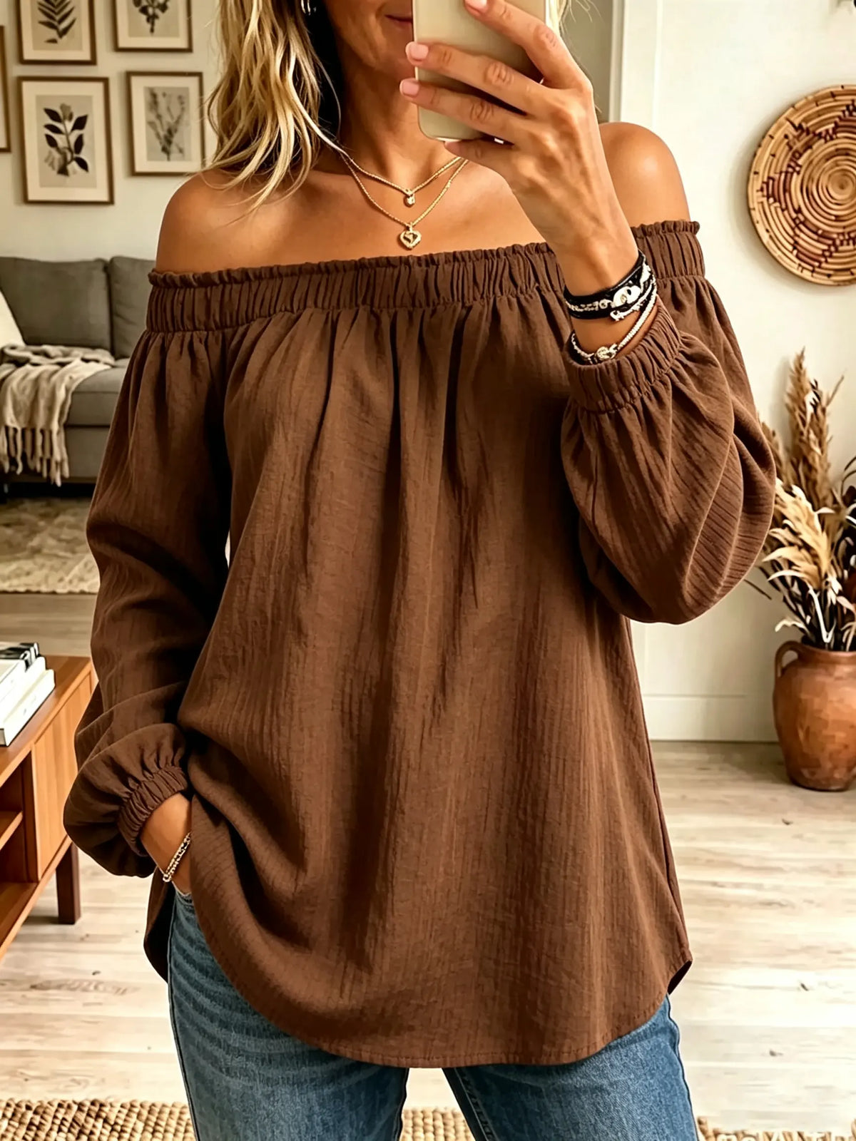 Women's Off-the-Shoulder Crinkle Cotton Babydoll Blouse
