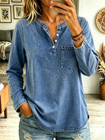 Retro Washed Denim Art Henley Neck Casual Stylish Long Sleeve Shirt