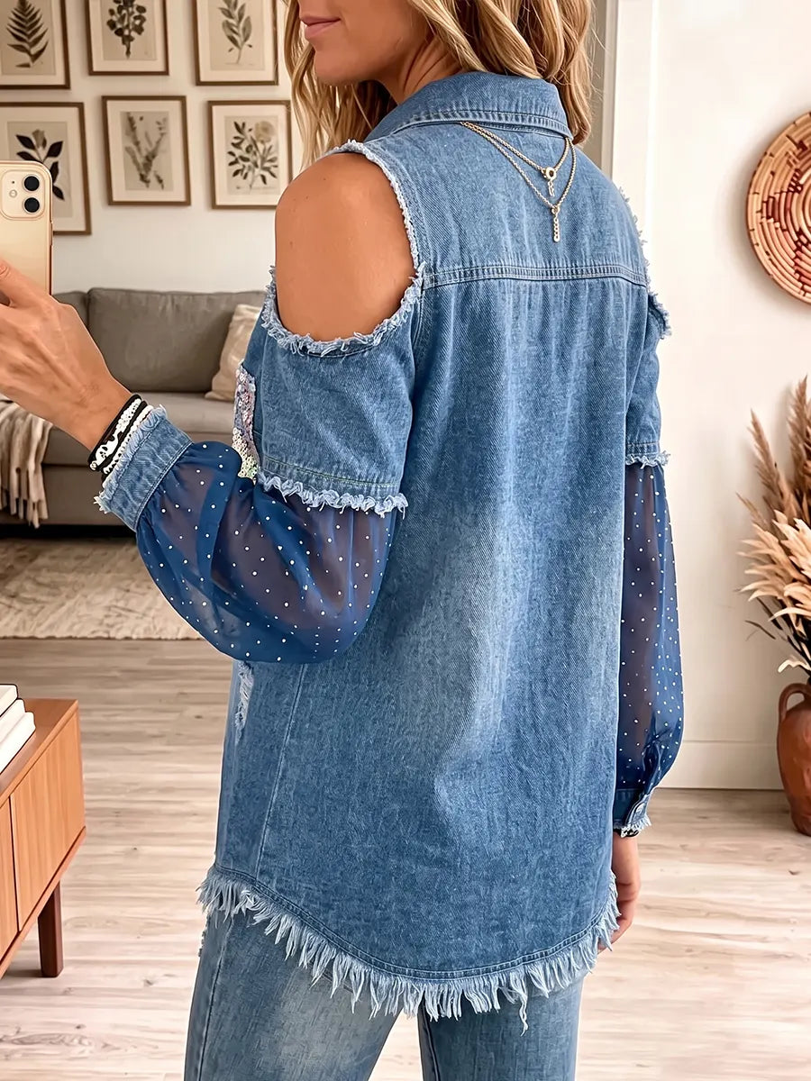 Vintage Elegant Denim Patchwork Sheer Mesh Off-shoulder Shiny Shirt