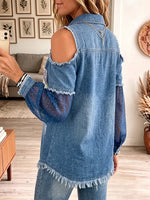 Vintage Elegant Denim Patchwork Sheer Mesh Off-shoulder Shiny Shirt