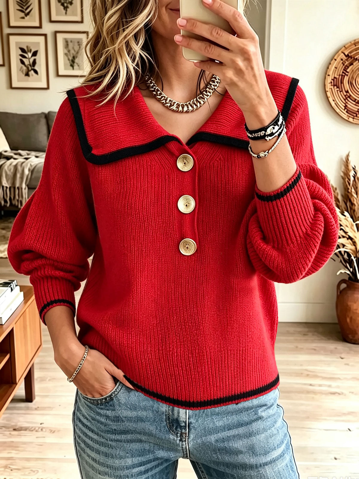 Women's Red Contrast Trim Sailor Collar Knit Sweater, Button Front Lantern Long Sleeve Pullover Top