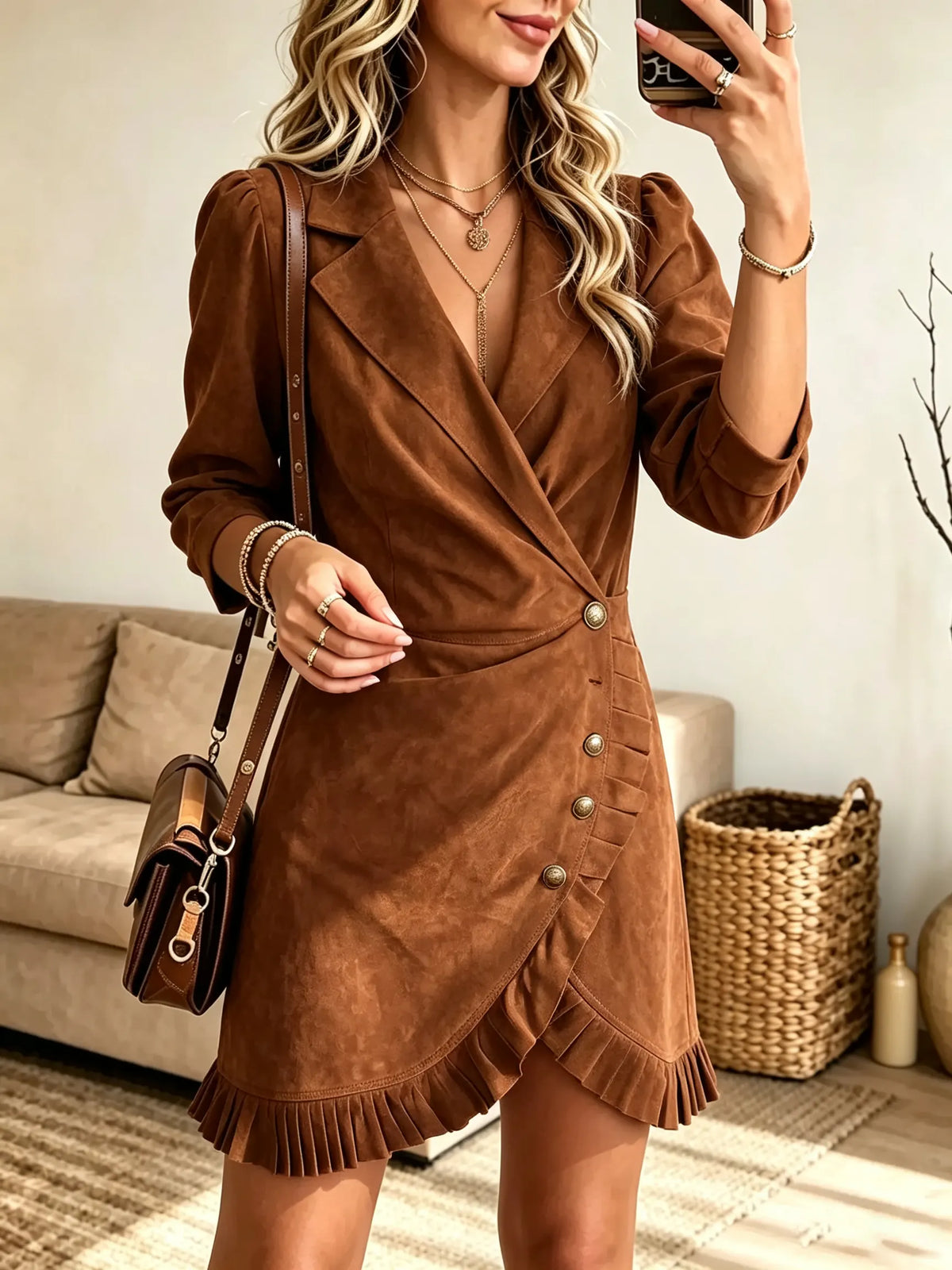 Women's Suede Ruffle Wrap Blazer Dress