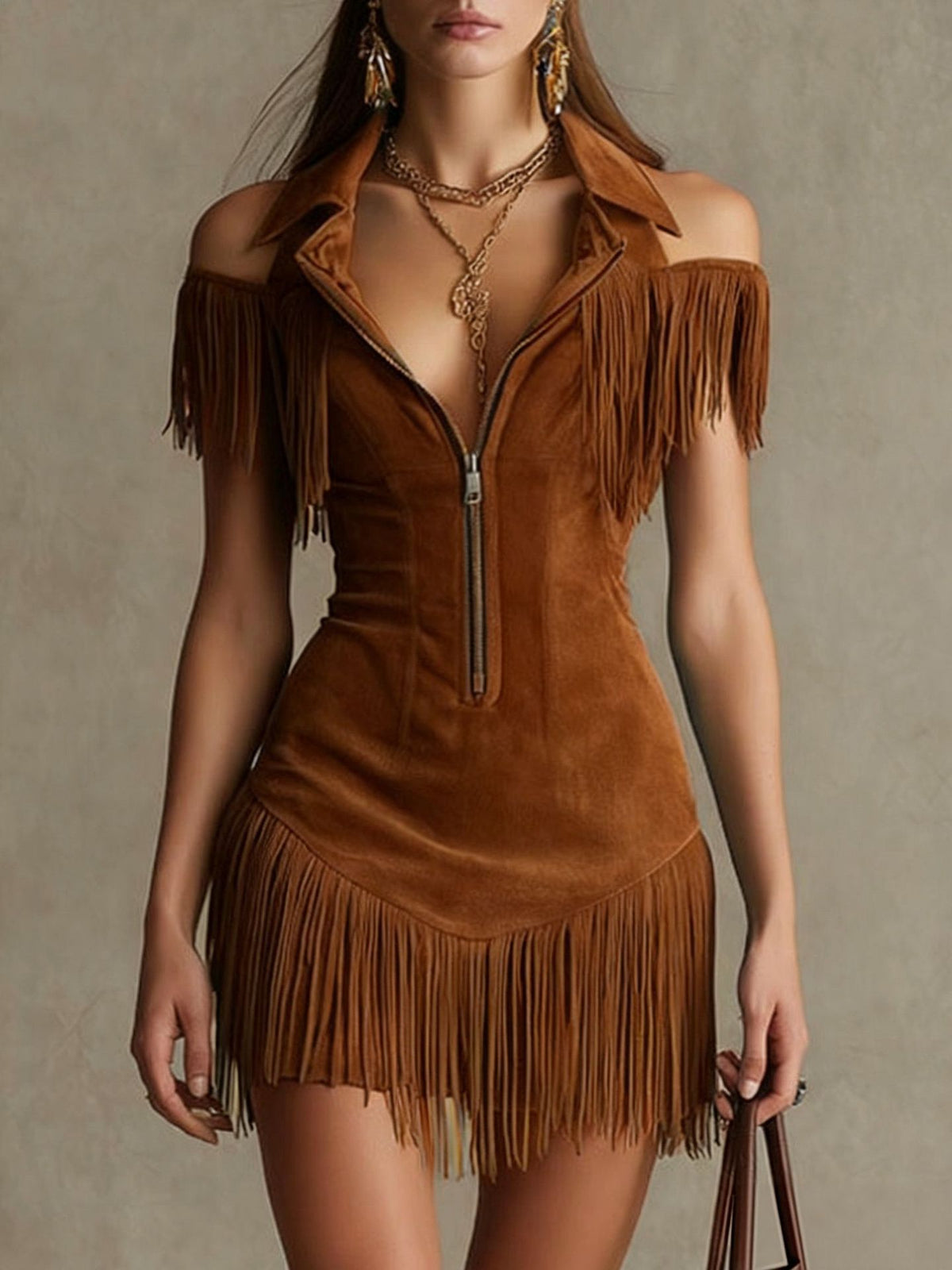 Women Teal Cold Shoulder Fringe Faux Suede Western Mini Dress
