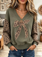 Women's Leopard Bow V-Neck Sweatshirt