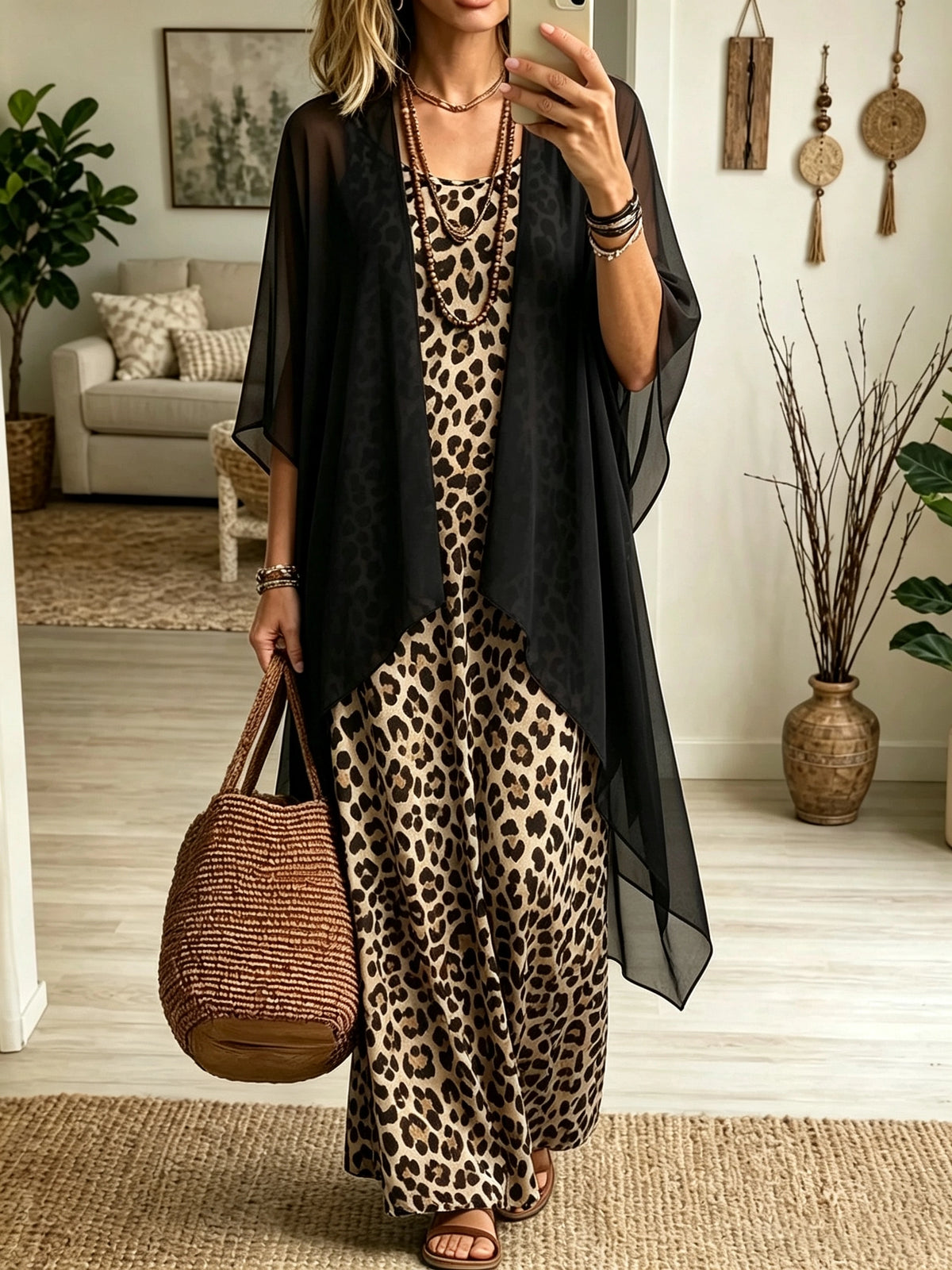 Women's Leopard Maxi Dress and Cardigan Set