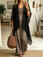 Women's Leopard Maxi Dress and Cardigan Set