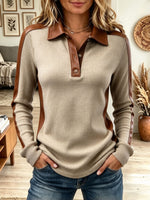 Women's Faux Leather Patchwork Polo Collar Long Sleeve Top, Button Front Casual Shirt