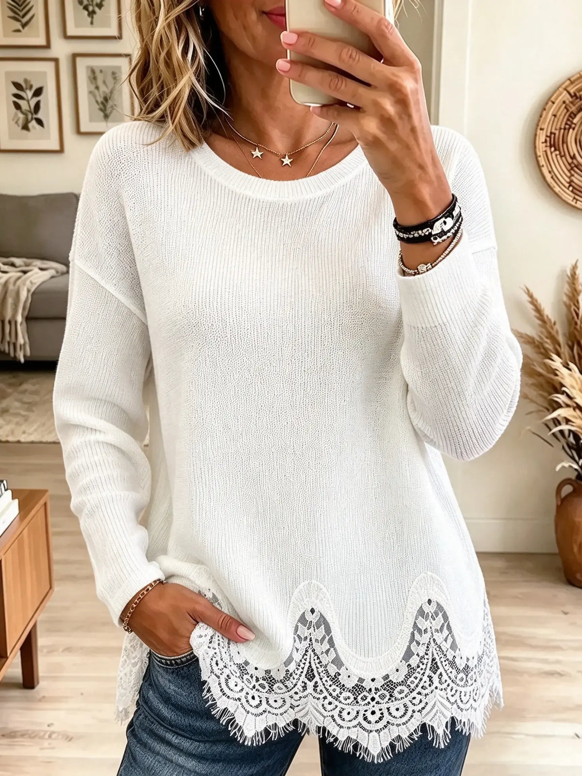 Women's Scalloped Lace Hem Knit Sweater