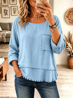 Women's Frayed Trim Textured Scoop Neck Tunic Top
