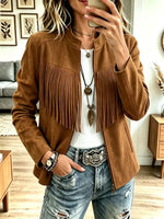 Retro Western Fringe Zip Art Casual Stylish Long Sleeve Suede Coat