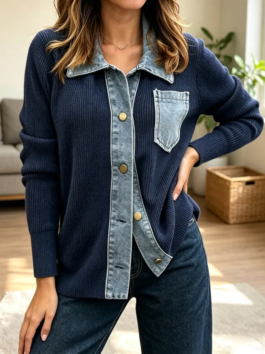 Retro Loose Art Casual Denim Patchwork Stylish Long Sleeve Cardigan Top