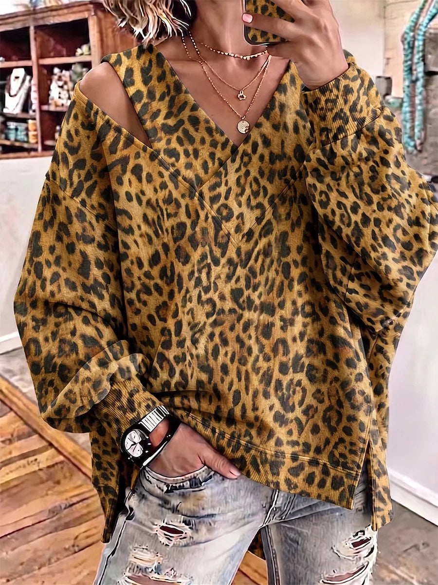 Women Green Leopard Print Cold‑Shoulder V‑Neck Long Sleeve Sweatshirt