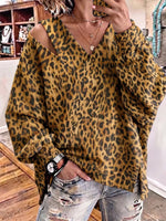 Women Green Leopard Print Cold‑Shoulder V‑Neck Long Sleeve Sweatshirt