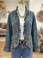 Women's Double-Breasted Ruffle Hem Denim Jacket